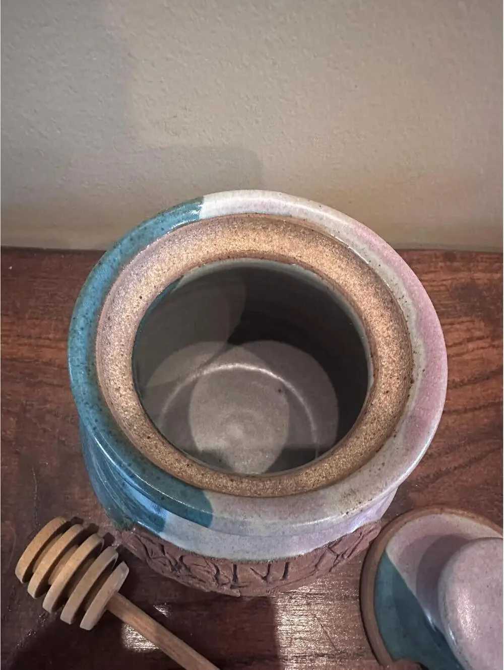 Handmade Teal & Lavender Stoneware Honey Pot with Bees with Honey Dipper